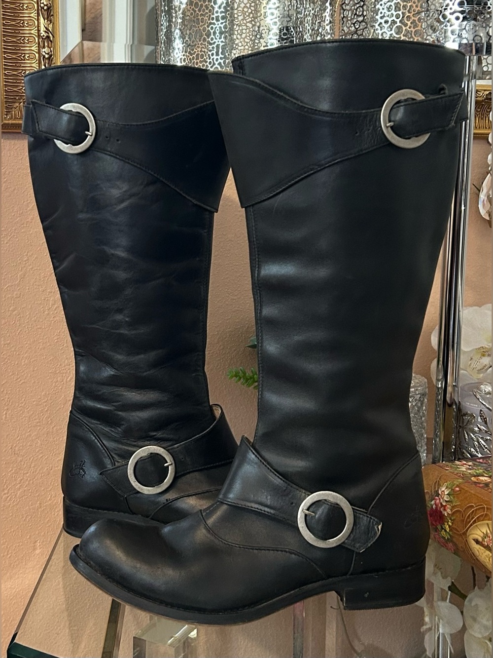 John Fluevog Adrians Heidi Black Leather Moto Knee High Buckle Boots Size 11